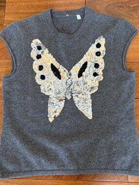 Lisli Grey Cashmere cap-sleeve sequin butterfly sweater large fairycore large